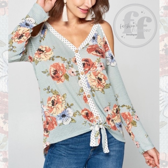 Oddi Retro Spring Floral Rose Polka Dot Teal Cutout Cold Shoulder Bow Top - Picture 3 of 16